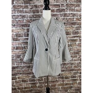 Cabi Women's Blazer Striped Blue White Open Front Bell Sleeve Size 8 Career NWOT